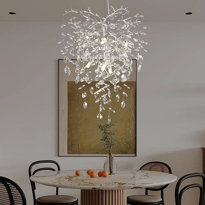 Silver Crystal Tree Branches Chandelier,21 Inchs 6 Lights Modern Round K9 Crystal Chandeliers for Dining Room, Bedroom, Living Room, Foyer,Kitchen Island,Bathroom-Ruum Studio Home