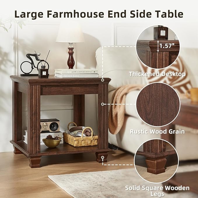 Farmhouse End Table,Large Side Table with 2-Tier Storage Shelf,Rustic Brown End Tables for Living Room,Square Tea Table,Walnut-Ruum Studio Home