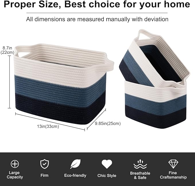 OIAHOMY Storage Basket, Woven Baskets for Storage, Cotton Rope Basket for toys,Towel Baskets for Bathroom - Pack of 3, Gradient Blue-Ruum Studio Home