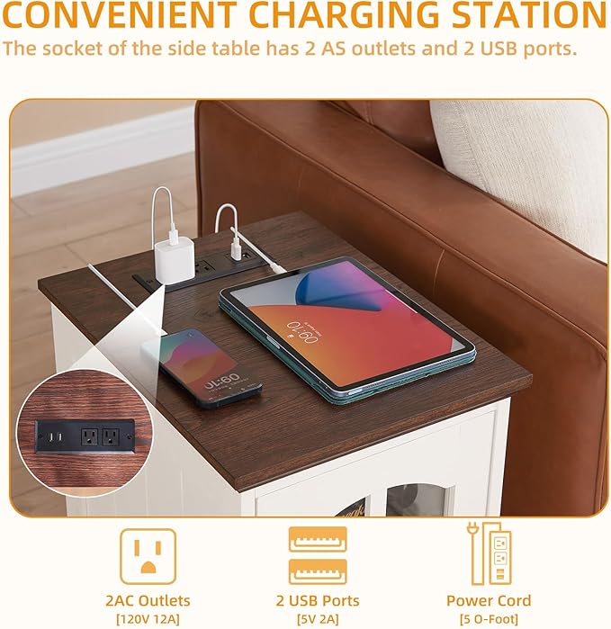 Narrow Side Table,Farmhouse Nightstand with Charging Station,Wood End Table with Glass Barn Door Storage, Cabinet Organizer with Adjustable Shelf, Night Stand for Small Spaces for Living Room Bedroom-Ruum Studio Home