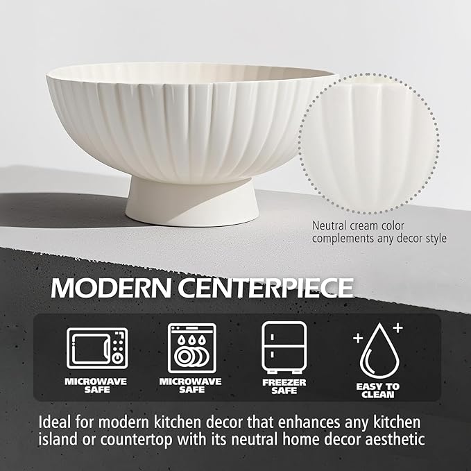 White Ceramic Fluted Decorative Bowl - 8 inch Fruit Footed Bowl for Kitchen Counter, Modern Key Pedestal Ruffle Bowl for Entryway Table & Home Organization-Fits Bread, Fruits, Salad or Popcorn-Ruum Studio Home