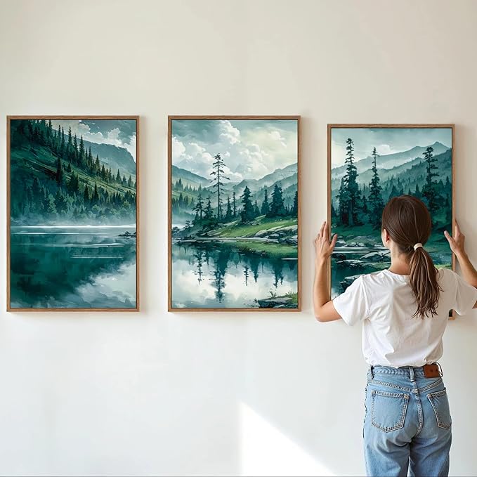 Tinonedraw Large Nature Forest Framed Canvas Wall Art Set, Boho Mountains Calming Lake Wall Decor, Green Pine Trees Artwork, Northern Wilderness Art Painting for Living Room Bedroom Office 16"x24"x3-Ruum Studio Home