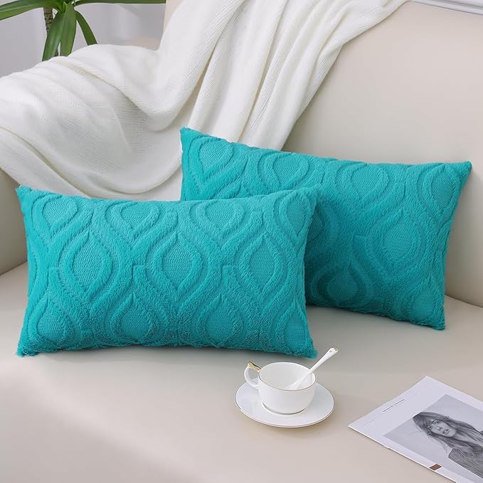 decorUhome Fall Throw Pillow Covers 12x20 Inch Set of 2, Soft Plush Decorative Faux Fur Turquoise Solid Couch Pillow Covers, Accent Farmhouse Neutral Lumbar Euro Pillow Cases for Sofa Bed Living Room-Ruum Studio Home