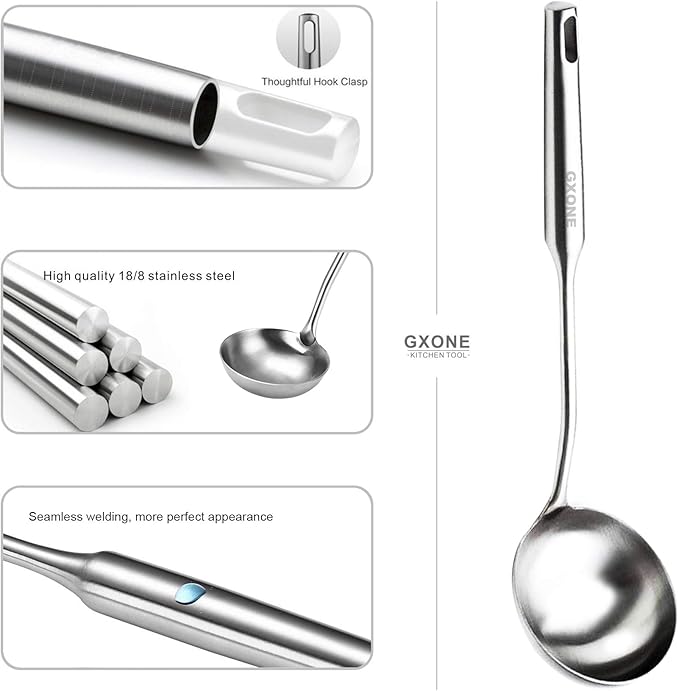 Soup Spoon Ladle,304 Stainless Steel Cooking Spoon Kitchen Tool For Wok With Hollow Handle, Silver/13.9Inch-Ruum Studio Home