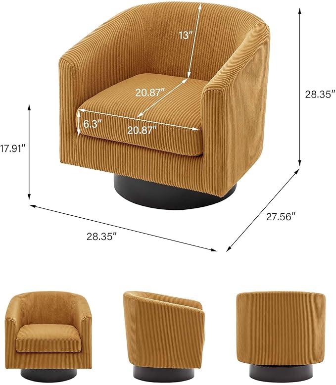 Swivel Barrel Accent Chair, Modern Round Corduroy Fabric Arm Chair for Living Room, Bedroom, Comfy Club Reading Chairs for Adults, Corduroy Orange, Set of 2-Ruum Studio Home