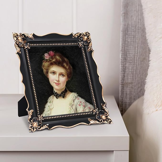 8x10 Vintage Picture Frame with Embossed Flower Design, Black Ornate Frame for 8x10 or 5x7 Pictures with White Mat, Hand-Crafted Resin Antique Frames for Tabletop & Wall Hanging, Home Decor (Black)-Ruum Studio Home