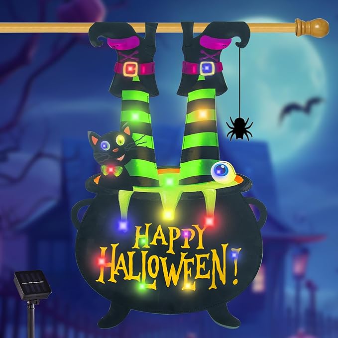 Halloween Lighted Garden Flag for Outside, Witch Feet Shape Flag Yard Decor, 8 Modes 28x40 Double Sided Cauldron Eyeball Black Cat Outdoor Hlloween Decorations for Home Porch（Multi Colored-28x40）-Ruum Studio Home