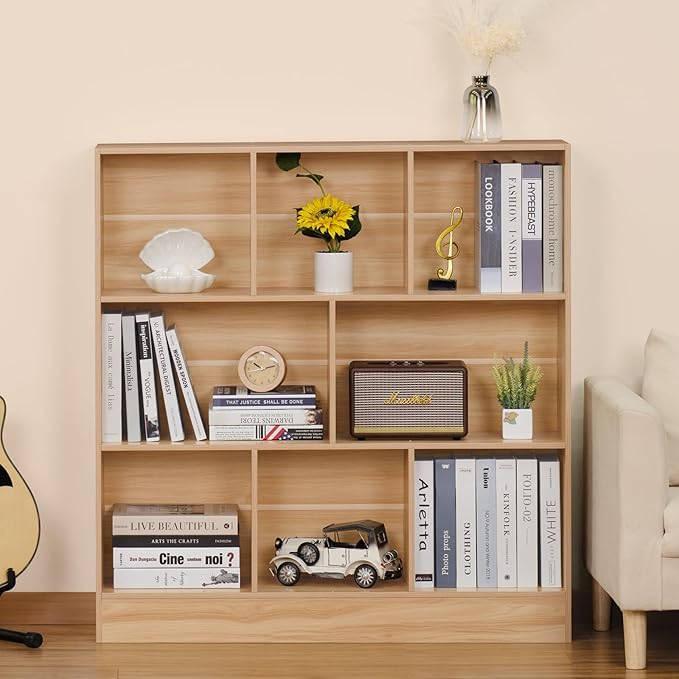 LEYAOYAO 8 Cube Bookshelf with Wood Base,Natural 3 Tier Mid-Century Modern Bookcase,Standing Wide Bookshelves Storage Organizer Shelf,Rustic Display Cabinet Book Shelves for Bedroom,Living Room-Ruum Studio Home