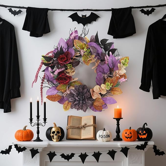 GarveeHome 18 Inch Halloween Wreath, Halloween Garland with Artificial Roses & Spiders, Indoor Outdoor Holiday Accent Decoration for Front Door Porch Wall Home Party Window, Red & Purple-Ruum Studio Home