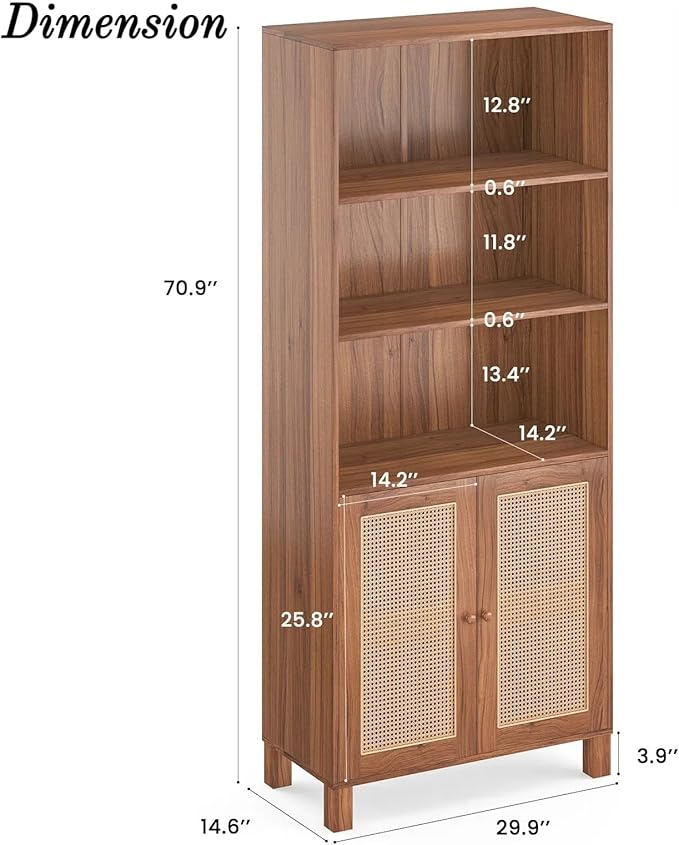 Tall Bookshelf, 5-Tier Book Shelf with 2 Rattan Doors, Freestanding Bookcase Display Shelves with Large Storage, Book Case for Living Room, Office, Study, Bedroom, 70.9 Inch-Ruum Studio Home