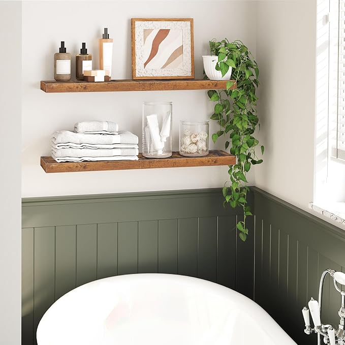 HOOBRO Floating Shelves for Wall, Wall Mounted Shelf Set of 2, 31.5" Hanging Shelf with Invisible Brackets, for Wall in Bathroom, Bedroom, Toilet, Kitchen, Living Room, Office, Rustic Brown BF80BJP201-Ruum Studio Home