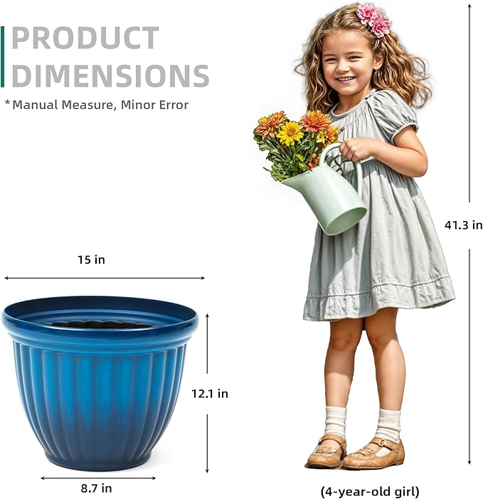 15" H Large Flower Pots, Set of 2 Plastic Planters for Outdoor Plants with Gradient Blue Finish and 3D Textures, Weather-Resistant for Porch, Garden, Patio or Indoor Use-Ruum Studio Home