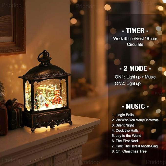 Christmas Snow Globe Lantern Christmas Decorations Gifts Snowman Santa Claus Church Village Scene Musical Glitter Snowfall USB/Battery Timer 12 inch-Ruum Studio Home