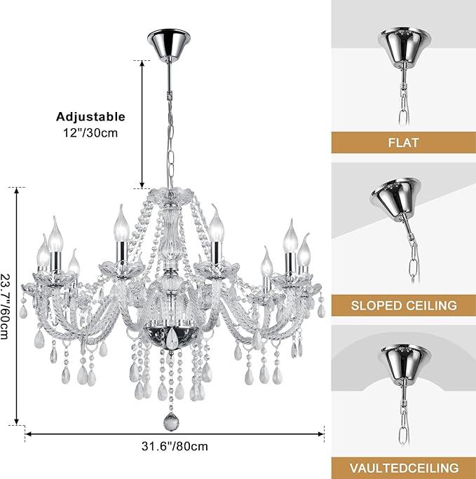 Modern Elegant 10 Lights K9 Crystal Glass Chandelier Silver Pendant Ceiling Lighting European Style for Dining Living Room Bedroom Transparent, 10 E12 Bulbs Required-Ruum Studio Home