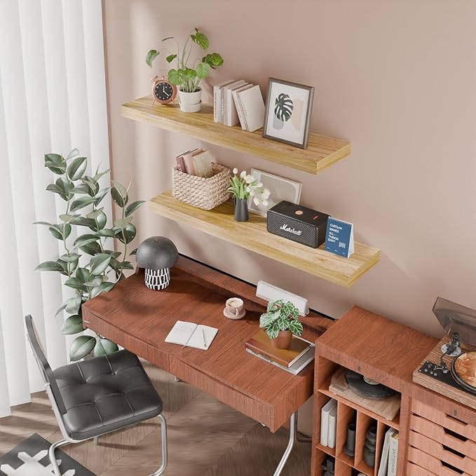 IAE Floating Wall Shelves 36 inch,Bathroom Shelves Wall Mounted,Invisible Shelves Floating Kitchen Shelves,Wooden Wall Shelves with Brackets for Living Room Wall Mounted,Easy Install,Set of 2,Natural-Ruum Studio Home