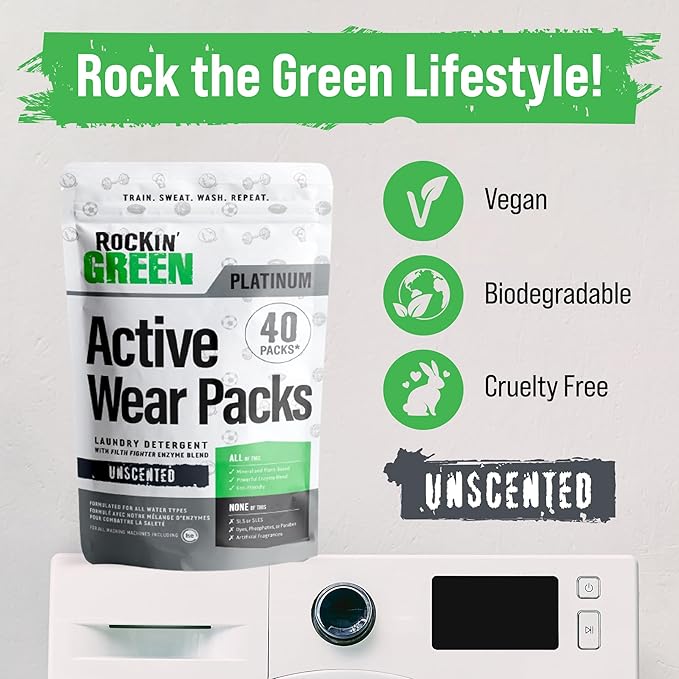 Rockin' Green Laundry Detergent Pods, Plant-based, All Natural, Vegan & Biodegradable Odor Fighter, Safe for Sensitive Skin (Unscented, Active Wear 40 Pods)-Ruum Studio Home