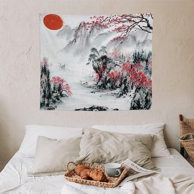 Cherry Blossoms Tapestry,Japanese Red Landscape Asian Watercolor Abstract Art Tapestry, Asian Japanese Wall Tapestry, Nature Landscape Tapestries for Bedroom Living Room Decor 60"x50"-Ruum Studio Home