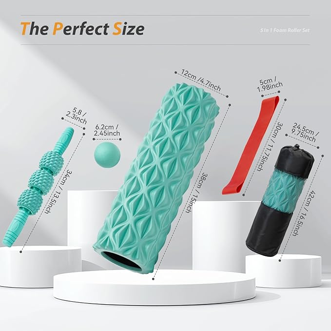 5 in1 Foam Roller Set, Trigger Point Foam Roller, Massage Roller Stick, Massage Ball, Resistance Band for Deep Muscle Massage Pilates Yoga,Fitness Exercise for Whole Body (Pure Turquoise)-Ruum Studio Home