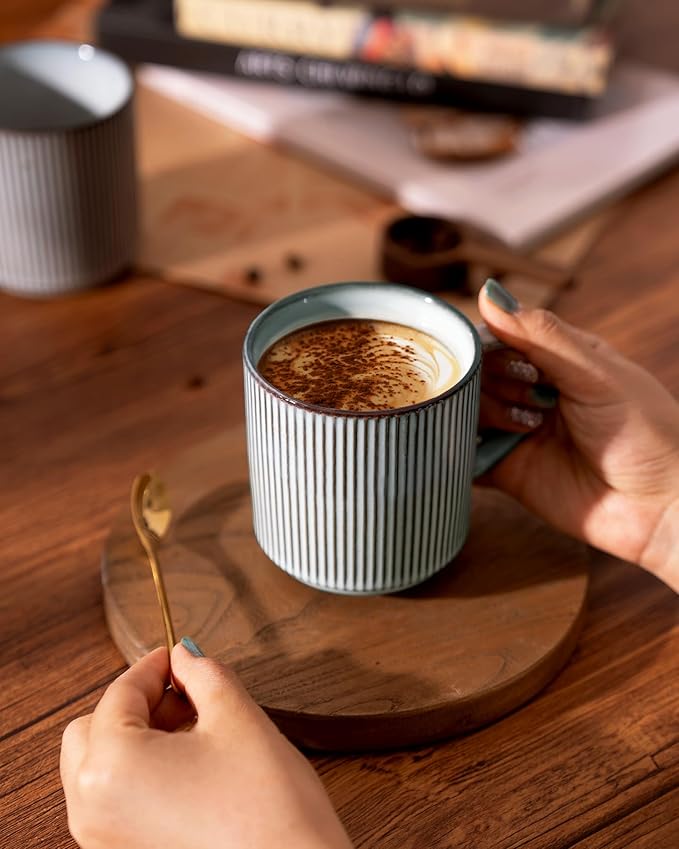 famiware Coffee Mug Set for 6, Star 12 oz Catering Mugs Cup Set with Handle for Coffee, Tea, Cocoa, Milk - Ceramic Stoneware Drinkware Set, Smoky Blue-Ruum Studio Home