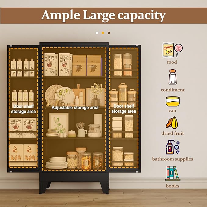 51" Metal Kitchen Pantry Cabinet, Storage Cabinets with 2 Door and 3 Adjustable Shelves, Black Freestanding Food Storage Cabinet, Steel Cupboard for Kitchen Dinning Room-Ruum Studio Home