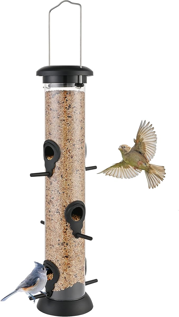 Bird Feeder Premium Hard Plastic for Wild Bird Feeders for Outdoors, Tube Bird Feeders for Outdoors Hanging,14 Inch 6 Port Black, Pack of 1-Ruum Studio Home