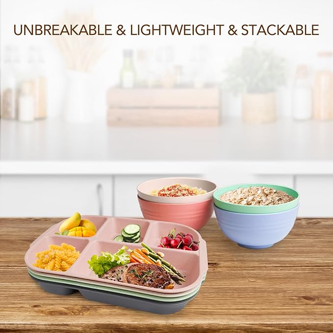 greenandlife 10.8 Inch 4PCS Divided Plates for Kids Adults, Portion Control Plates, Dishwasher & Microwave Safe Compartment Plate, Unbreakable Lightweight Reusable Wheat Straw Plates, INS-Ruum Studio Home
