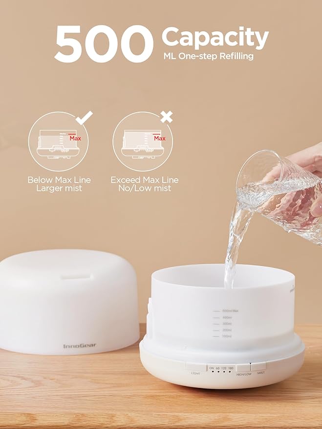 InnoGear 500ml Essential Oil Diffuser with Remote Control, Premium Ultrasonic Aromatherapy Diffusers Scent Humidifier Vaporizer Auto-Off Timer for Large Room Home, Basic White-Ruum Studio Home
