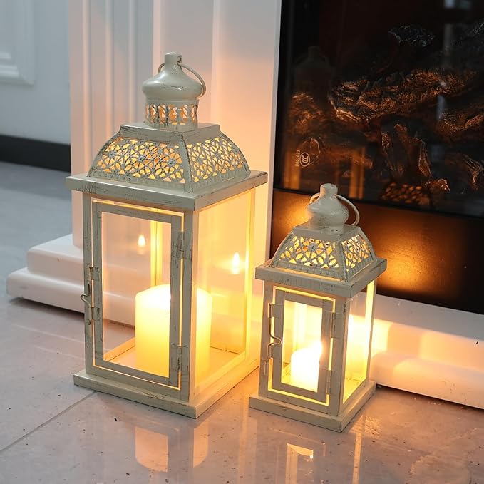 DECORKEY Large Lantern Decorative Outdoor & Indoor, Set of 2 (14’’&10’’) Metal Candle Lanterns Decor, Vintage Hanging Candle Holder for Front Porch Patio Wedding Farmhouse Home, Spring Decoration-Ruum Studio Home