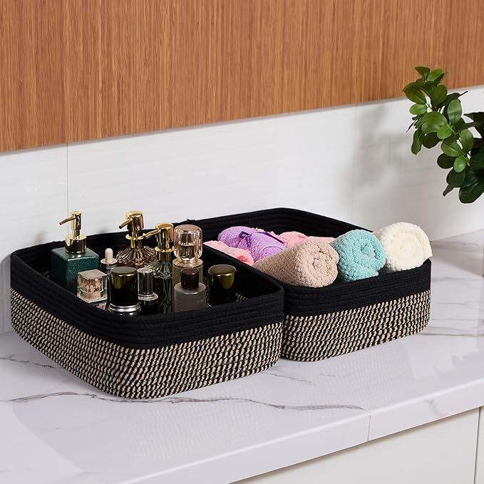 Large Shallow Organizing Baskets 15x11x5.1 Inches - Rope Woven Storage Bins for Bathroom, Shelves, Cube Closet, Black Woven Brown 2 Packs-Ruum Studio Home