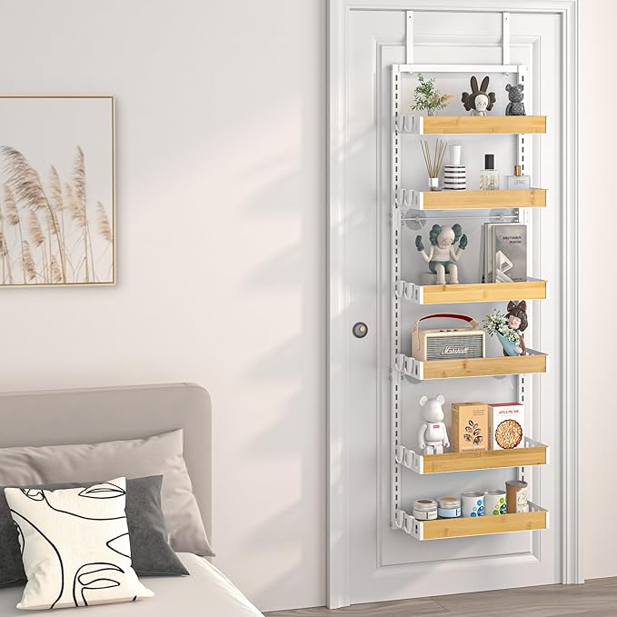 bukfen Over the Door Pantry Organizer 6-Tier Adjustable Basket Kitchen Pantry Door Organization and Storage, 2 in 1 Wall Mount or Hanging Heavy-Duty Metal Hanging Kitchen Spice Rack,White Bamboo Color-Ruum Studio Home