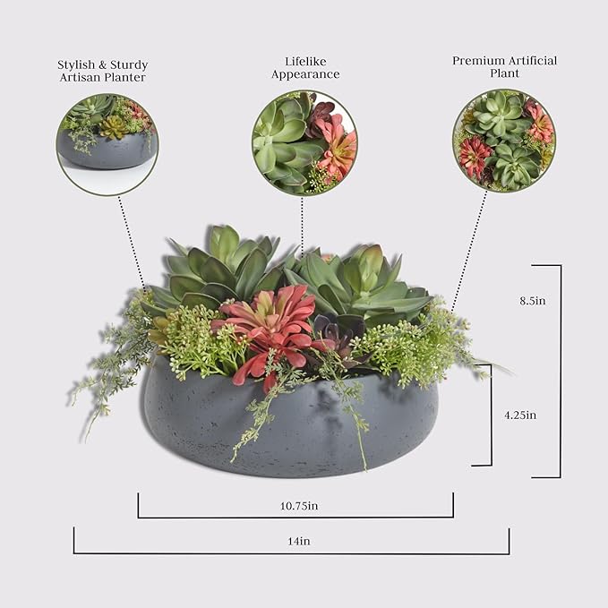 Faux Succulent Arrangement, Premium Artificial Indoor Plant Enhances Interior Design, Display on Any Surface in Your Home Adding an Inviting Touch of Nature, Grey Planter Pot Included-Ruum Studio Home
