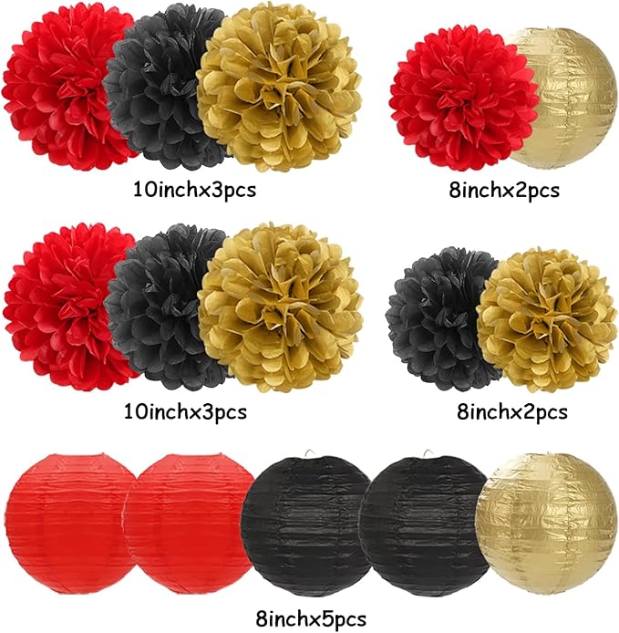 Red-Black Gold Party-Decorations Paper Flowers Lanterns - 15PCS Casino Theme Halloween Tissue Pom Poms Streamers,Game Night Women Men Birthday Wedding Bachelorette Hanging Supplies Decor Hugfond-Ruum Studio Home