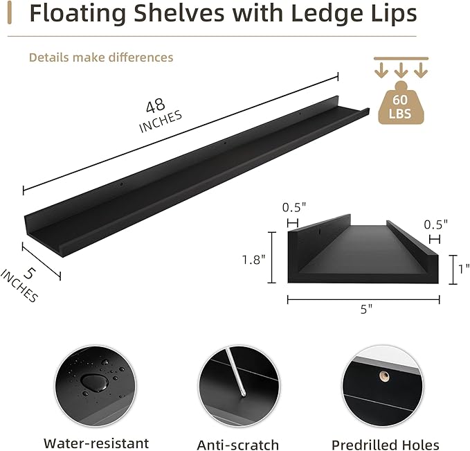 Picture Ledge Shelf, Wood Long Floating Shelves for Wall, Set of 2, 48 inch Picture Ledge Shelves, Photo Ledge Nursery Book Shelves Wall Mounted for Living Room Kids' Room Bedroom, Color Black-Ruum Studio Home