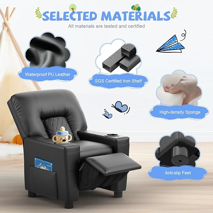 Kids Recliner Chair, Leather Push Back Kids Reclining Chair with Cup Holders & Side Pockets, Safety Adjustable Footrest Toddler Recliner for Age 3+, Kid Recliners for Girls Boys, Black-Ruum Studio Home