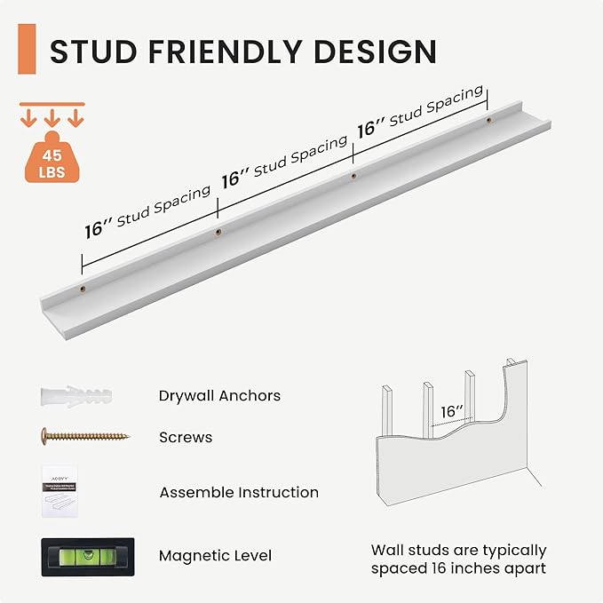 Solid Ash Wood Picture Ledge Shelf, Floating Shelves Set of 2, 56 Inch Long Large Ledge Shelves, Nursery Book Shelves Wall Mounted for Living Room Bedroom Kitchen Decor Kids Bookshelf, White-Ruum Studio Home