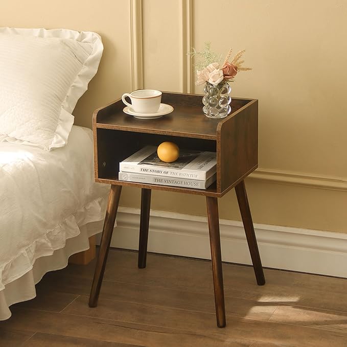 MaxSmeo Night Stand Set 2, Mid Century Modern Side Table Bedroom with Storage, Small End Bedside Table Set of 2 with Solid Wood Legs for Living Room, Office Small Spaces (Rustic Brown)-Ruum Studio Home
