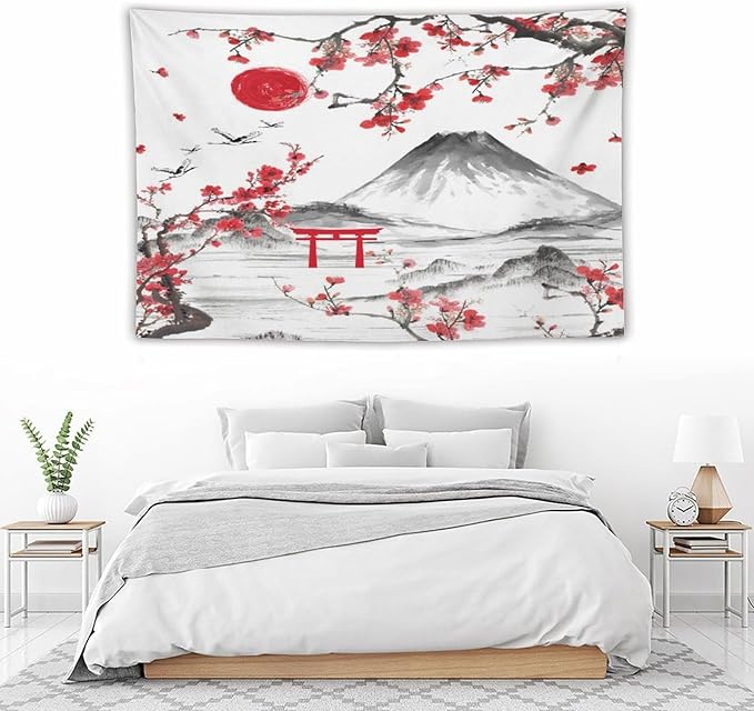 Red Cherry Blossoms Tapestry, Japanese Fuji Mountain Tapestry, Asian Japanese Wall Tapestry, Nature Landscape Tapestries for Bedroom Living Room Decor 90"x60"-Ruum Studio Home