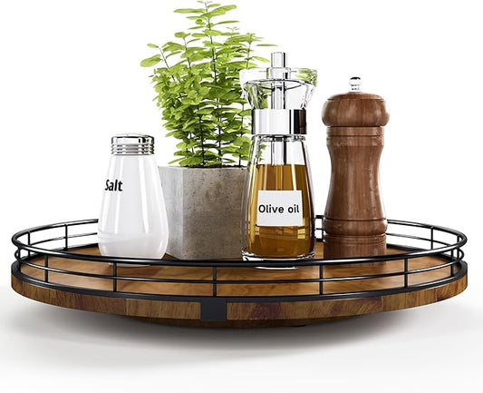 Farmhouse Oak 13" Lazy Susan Turntable Organizer for Cabinet, Round Wooden Lazy Susan Organization and Storage for Dining Table, Pantry, Kitchen, Countertop, Cupboard,Home Decor, Walnut Wood-Ruum Studio Home