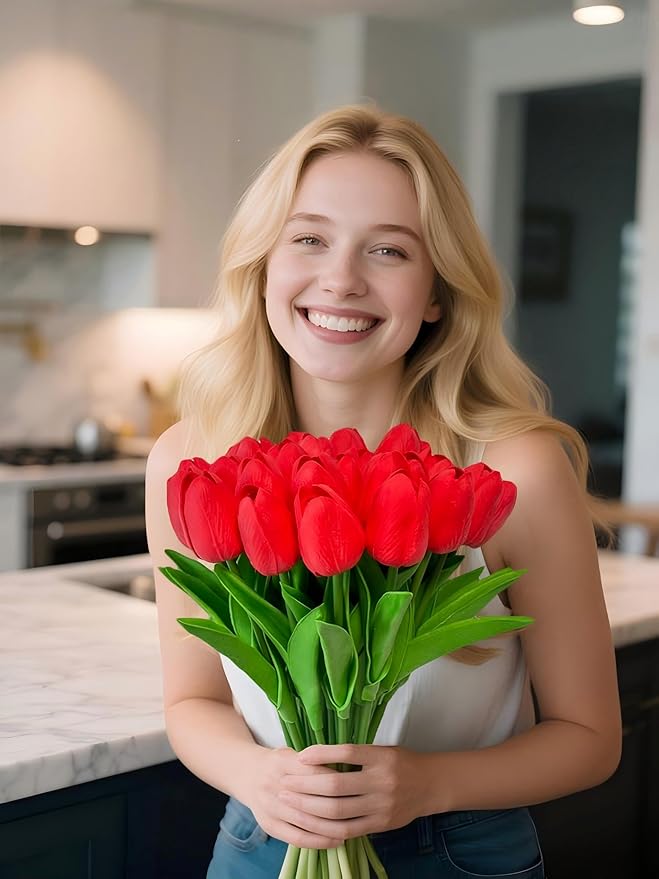 Artificial Tulips Flowers 15Pcs Faux PU Tulip Real Touch Tulip Fake Flowers Bouquets Arrangements for Mother's Day Easter Spring Flowers Gifts Home Table Décor-Ruum Studio Home