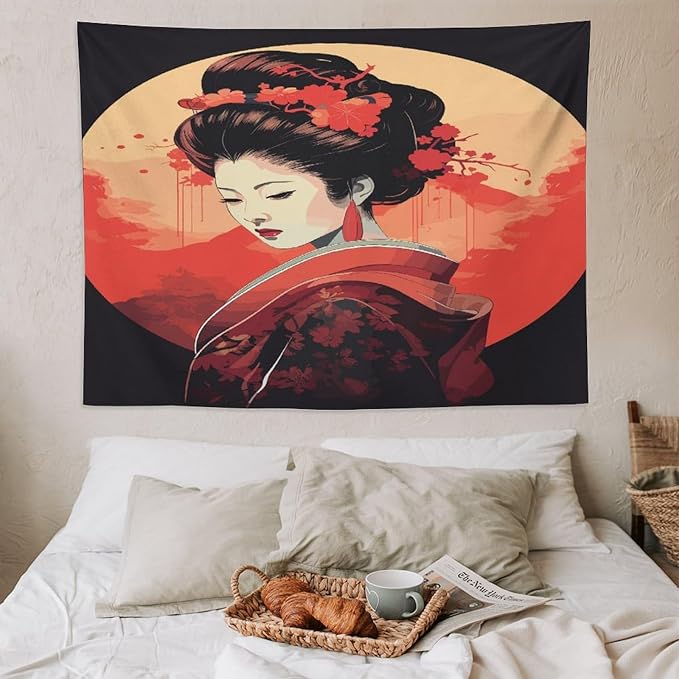 Japanese Woman Geisha Tapestry Asian Cherry Blossom Red Sun Traditional Kimono Folk Tapestries Home Decor for Living Room Bedroom Apartment Farmhouse Dorm 80"x60"-Ruum Studio Home