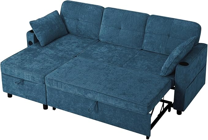 84 Inches Chenille Sectional Sofa w/Pull-Out Sofa Bed & Adjustable Back, Tufted L-Shaped Couch w/Storage Chaise, Sleeper Sectional Sofa w/USB Port & Cup Holders for Living Room, Blue-Ruum Studio Home
