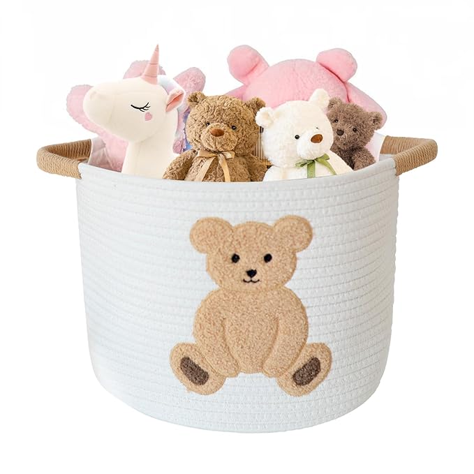 INough Cotton Rope Basket Toy Storage Baskets for kids Laundry Hamper, Gift Basket Empty Baby Shower Baskets with Handles, Cute Bins Blanket Stuffed Animal Storage for Nursery, Living Room Decor, Bear-Ruum Studio Home