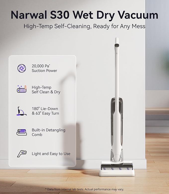 NARWAL S30 Wet Dry Vacuum Cleaner with 20000Pa Suction, 176°F Self-Cleaning, Heated Drying, Disposable Waste Bag, Tangle-Free, Cordless Vacuum Mop for Hard Floors & Edge Cleaning, Easy to Use-Ruum Studio Home