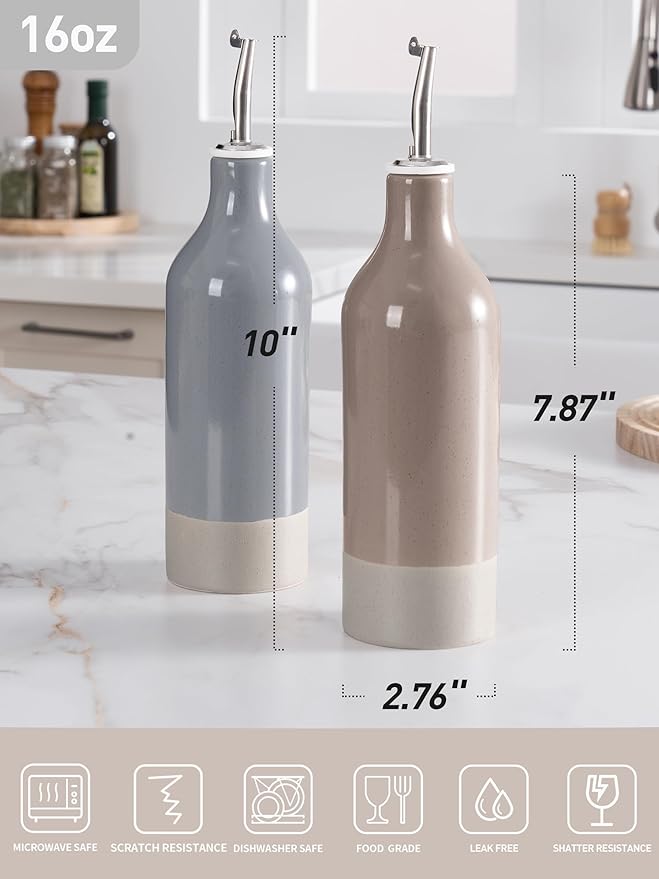 famiware Milkyway 16oz Ceramic Olive Oil Dispenser Bottle, Olive Oil and Vinegar Dispenser Bottle Set of 2 with Stainless Steel Pourers, Suitable for Storage Liquids, Dark Gray and Cinnamon Brown-Ruum Studio Home