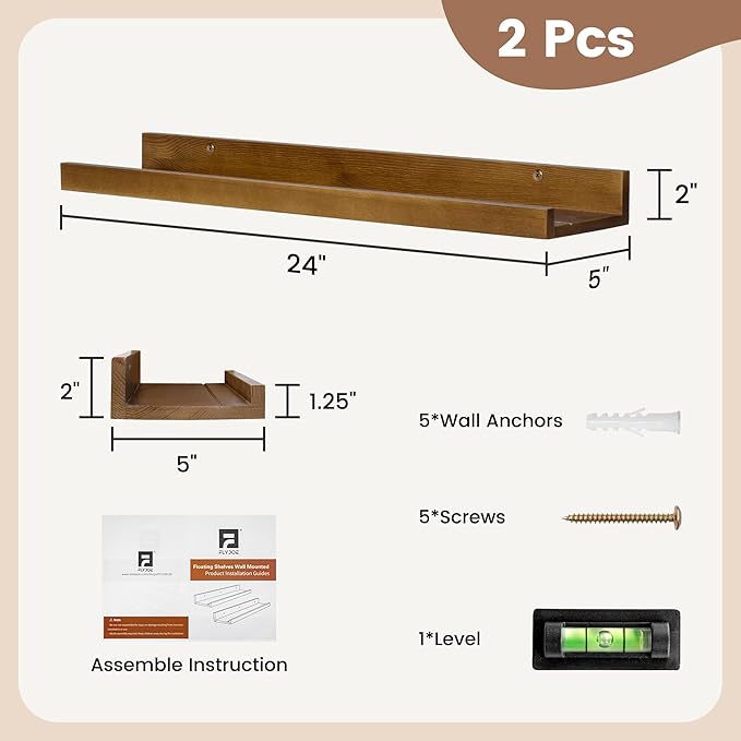 Picture Ledge Wall Shelves 24 inch Width Set of 2, Solid Pine Wood Rustic Floating Ledge Shelves for Wall for Kids' Room Bedroom Kitchen Bathroom Living Room Nursery Display Wall Decor, Walnut-Ruum Studio Home