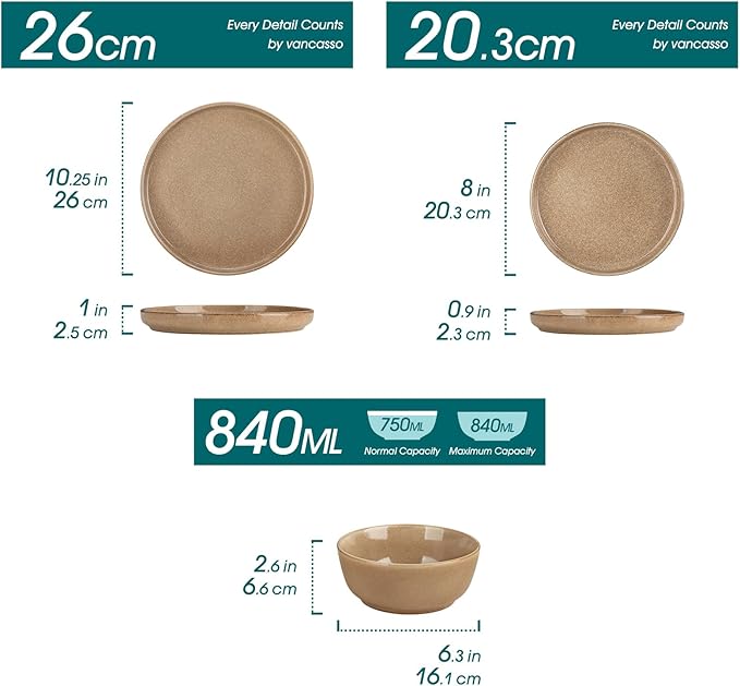 vancasso ANYA 18 Pieces Plates and Bowls Set, Caramel Dinnerware Sets, Reactive Glaze Dishes Set for 6, Ceramic Dishware Sets Kitchen Dinner Set, Microwave & Dishwasher Safe-Ruum Studio Home