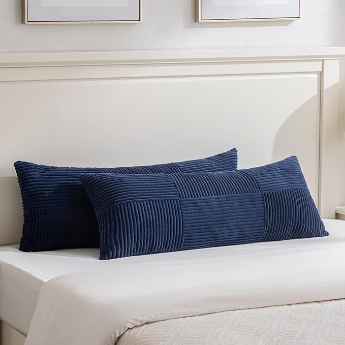 Fancy Homi Set of 2 Navy Blue Boho Long Lumbar Body Decorative Throw Pillow Cover 14x36 Inch for Bed Couch Bedroom Bench, Soft Patchwork Corduroy Textured Pillow Case, Rustic Farmhouse Room Décor-Ruum Studio Home