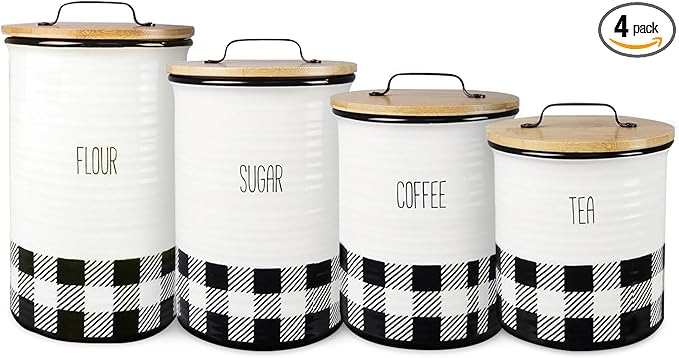 Young's Inc. 4 Pcs Set Plaid with Bamboo Lids Ceramic Canisters- Storage Container for Kitchen and Bathroom - Beautiful Home Decor Accent to Store Food, Coffee, Tea, and More - Black, White-Ruum Studio Home