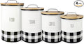 Young's Inc. 4 Pcs Set Plaid with Bamboo Lids Ceramic Canisters- Storage Container for Kitchen and Bathroom - Beautiful Home Decor Accent to Store Food, Coffee, Tea, and More - Black, White-Ruum Studio Home
