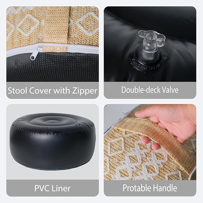 Outdoor Inflatable Ottoman with Air Pump, Embroidery Patio Footrest Stool D21”x H9”, Round Pouf Ottoman with Portable Handle Suitable for Garden, Camping, Bedroom, Living Room-Ruum Studio Home